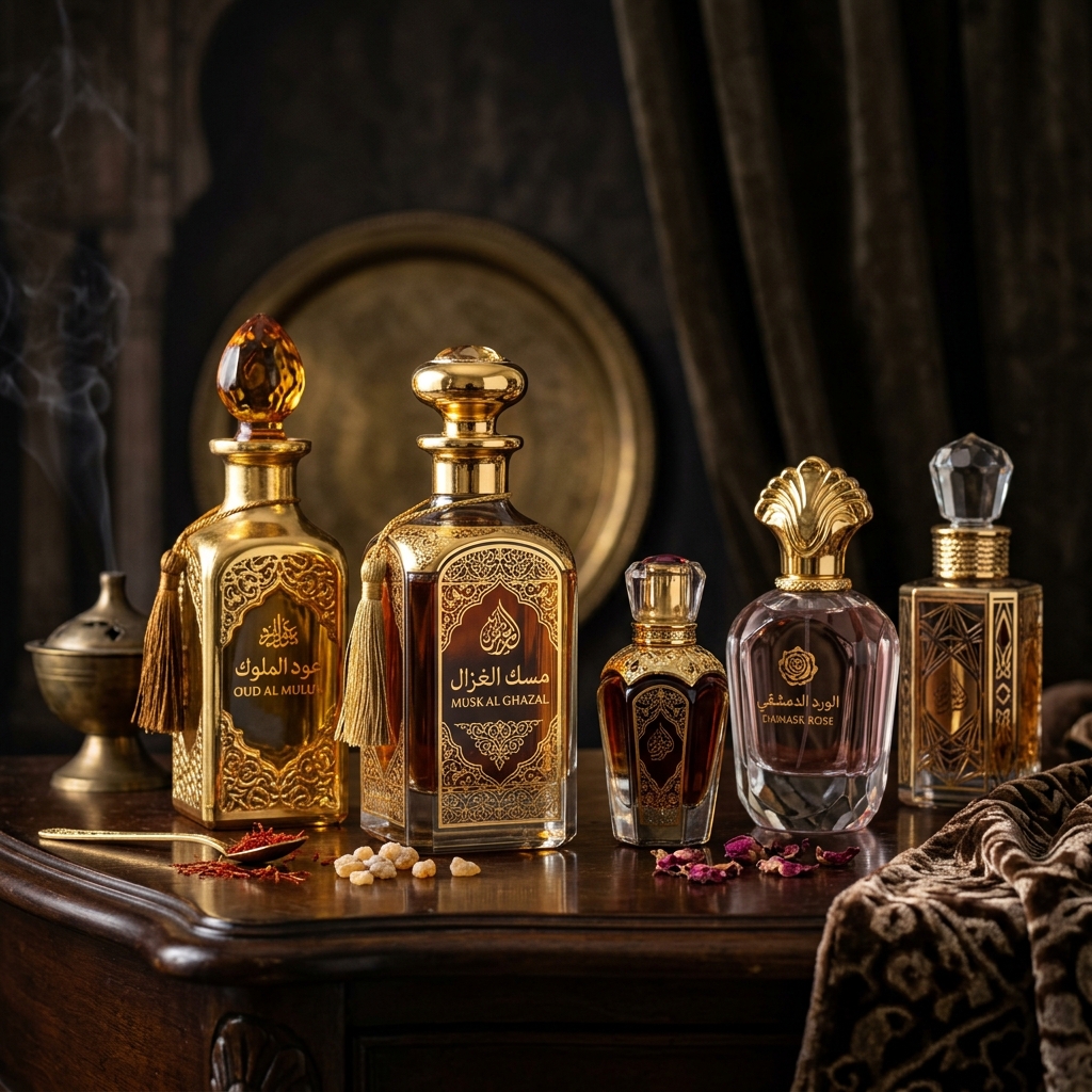 Varios frascos de perfume árabe lujosos listos para ser combinados