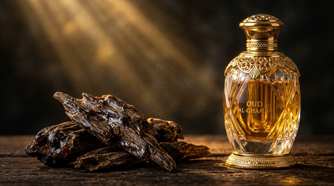 Madera de oud resinosa y aceite esencial puro en frasco de cristal